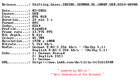 NFO for the release Shifting.Gears.S02E01.GERMAN.DL.1080P.WEB.H264-WAYNE by WAYNE