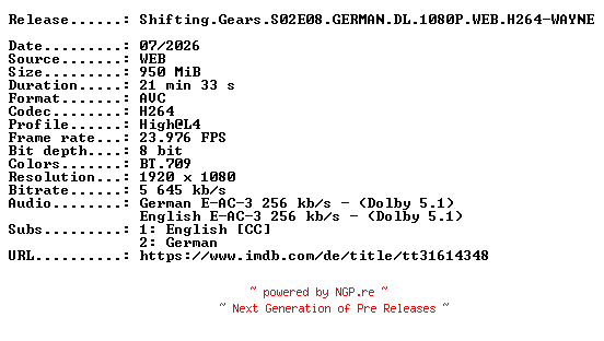 NFO for the release Shifting.Gears.S02E08.GERMAN.DL.1080P.WEB.H264-WAYNE by WAYNE
