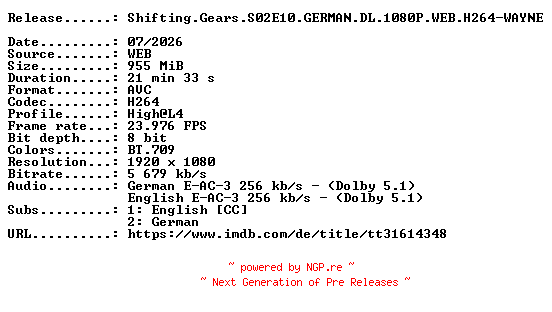 NFO for the release Shifting.Gears.S02E10.GERMAN.DL.1080P.WEB.H264-WAYNE by WAYNE