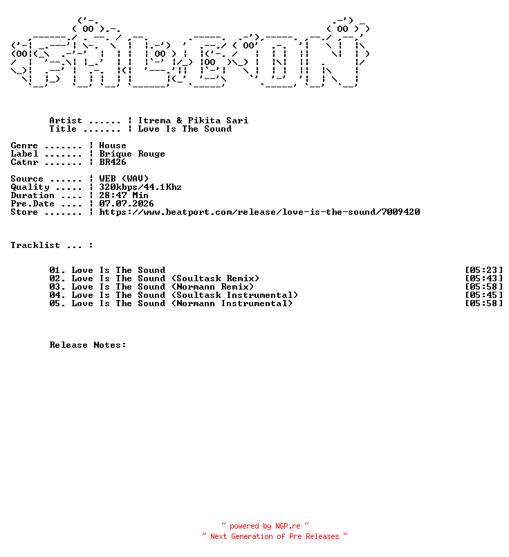 NFO for the release Itrema_And_Pikita_Sari-Love_Is_The_Sound-(BR426)-WEB-2026-FALCON by FALCON