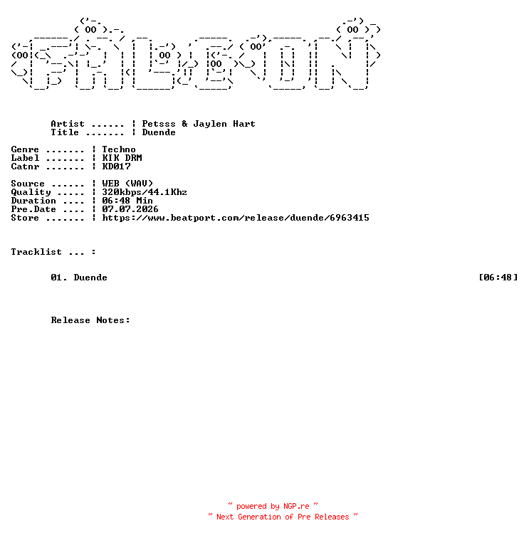 NFO for the release PETSSS_And_Jaylen_Hart-Duende-(KD017)-SINGLE-WEB-2026-FALCON by FALCON