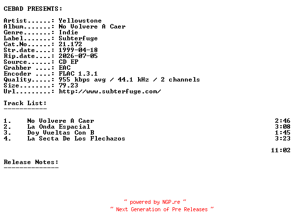 NFO for the release Yellowstone-No_Volvere_A_Caer-(21.172)-ES-CDEP-FLAC-1999-CEBAD by CEBAD