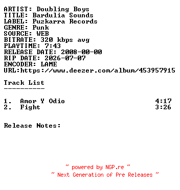 NFO for the release Doubling_Boys-Bardulia_Sounds-WEB-2008-SDR by SDR