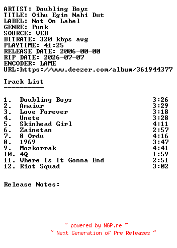 NFO for the release Doubling_Boys-Oihu_Egin_Nahi_Dut-WEB-2006-SDR by SDR