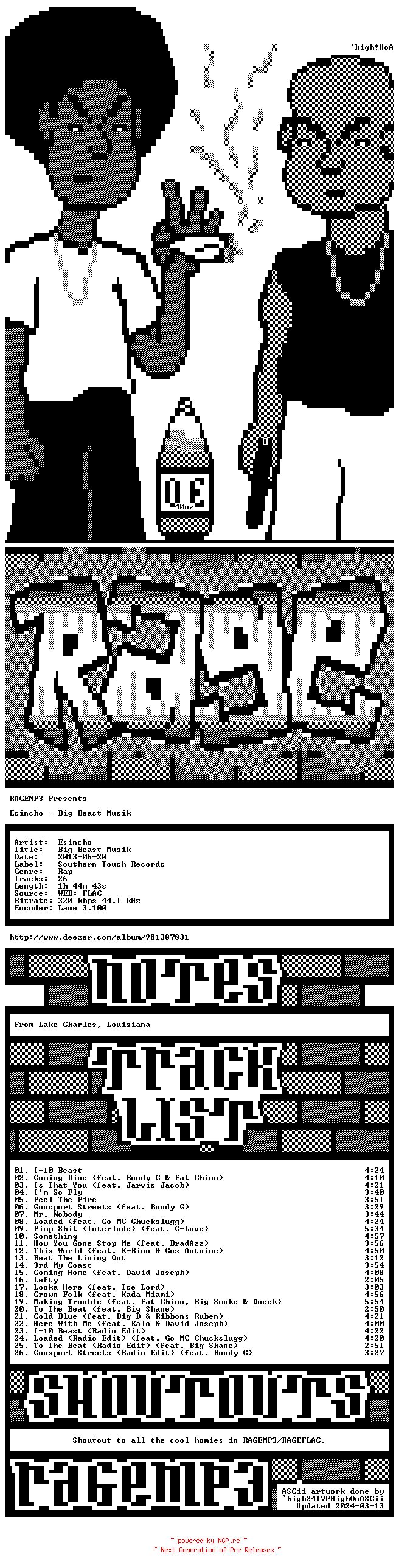 NFO for the release Esincho-Big_Beast_Musik-WEB-2013-RAGEMP3 by RAGEMP3