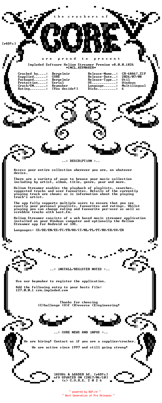 NFO for the release Imploded.Software.Helium.Streamer.Premium.v8.0.0.1826.x64.Multilingual.Incl.Keymaker-CORE by CORE