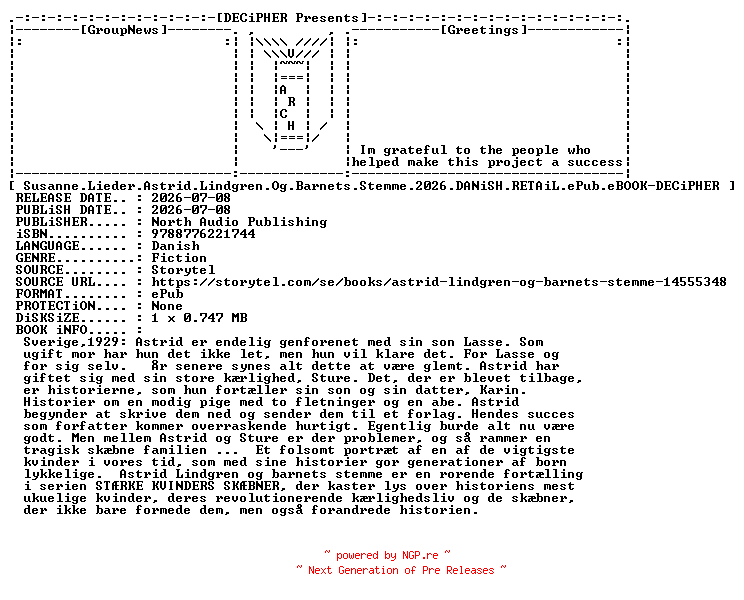 NFO for the release Susanne.Lieder.Astrid.Lindgren.Og.Barnets.Stemme.2026.DANiSH.RETAiL.ePub.eBOOK-DECiPHER by DECiPHER