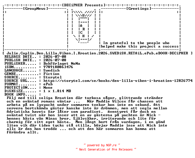 NFO for the release Julie.Caplin.Den.Lilla.Viken.I.Kroatien.2026.SWEDiSH.RETAiL.ePub.eBOOK-DECiPHER by DECiPHER