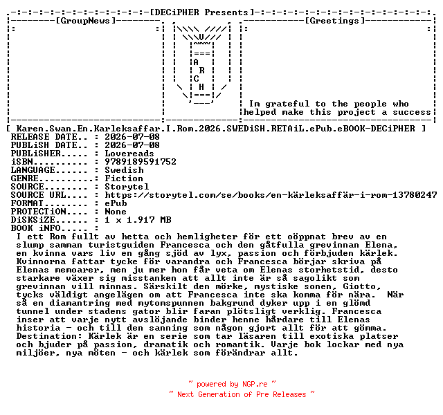 NFO for the release Karen.Swan.En.Karleksaffar.I.Rom.2026.SWEDiSH.RETAiL.ePub.eBOOK-DECiPHER by DECiPHER