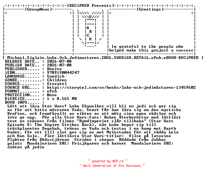 NFO for the release Michael.Siglain.Luke.Och.Jedimastaren.2026.SWEDiSH.RETAiL.ePub.eBOOK-DECiPHER by DECiPHER