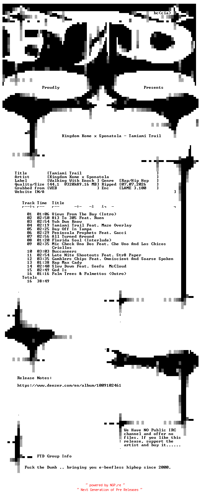 NFO for the release Kingdom_Kome_x_Sponatola-Tamiami_Trail-WEB-2026-FTD by FTD