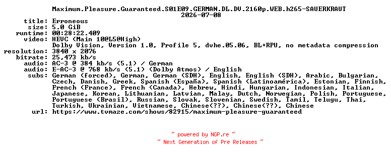 NFO for the release Maximum.Pleasure.Guaranteed.S01E09.GERMAN.DL.DV.2160p.WEB.h265-SAUERKRAUT by SAUERKRAUT