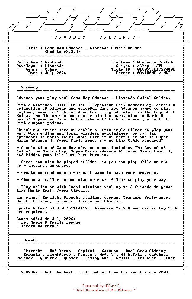 NFO for the release Game_Boy_Advance_Nintendo_Switch_Online_Update_v3.3.0_INTERNAL_JPN_NSW-SUXXORS by SUXXORS