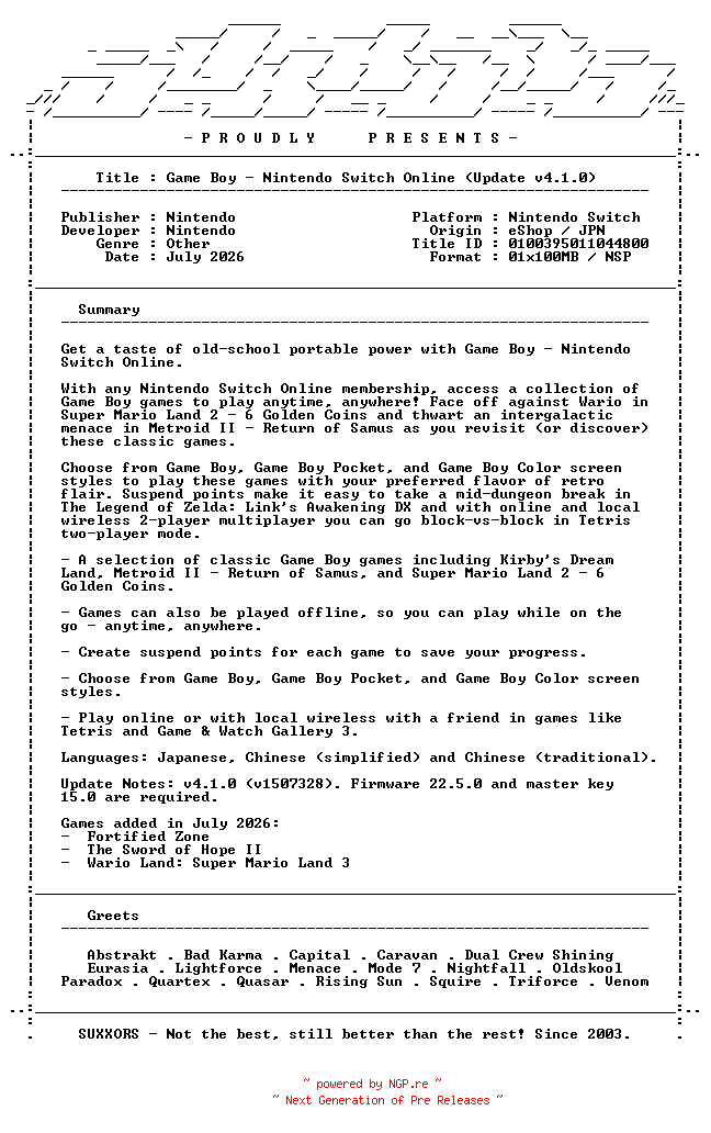 NFO for the release Game_Boy_Nintendo_Switch_Online_Update_v4.1.0_INTERNAL_JPN_NSW-SUXXORS by SUXXORS
