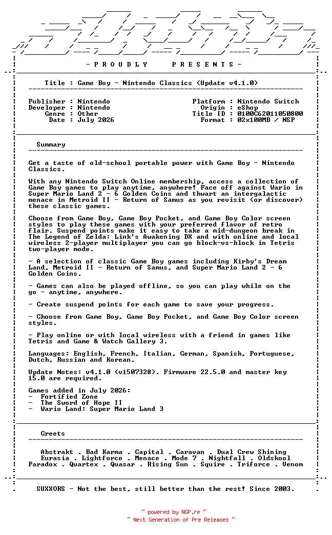 NFO for the release Game_Boy_Nintendo_Switch_Online_Update_v4.1.0_INTERNAL_NSW-SUXXORS by SUXXORS