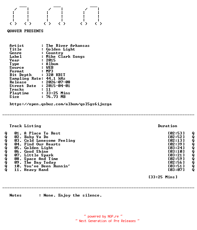 NFO for the release The_River_Arkansas-Golden_Light-WEB-2015-QUAVER by QUAVER