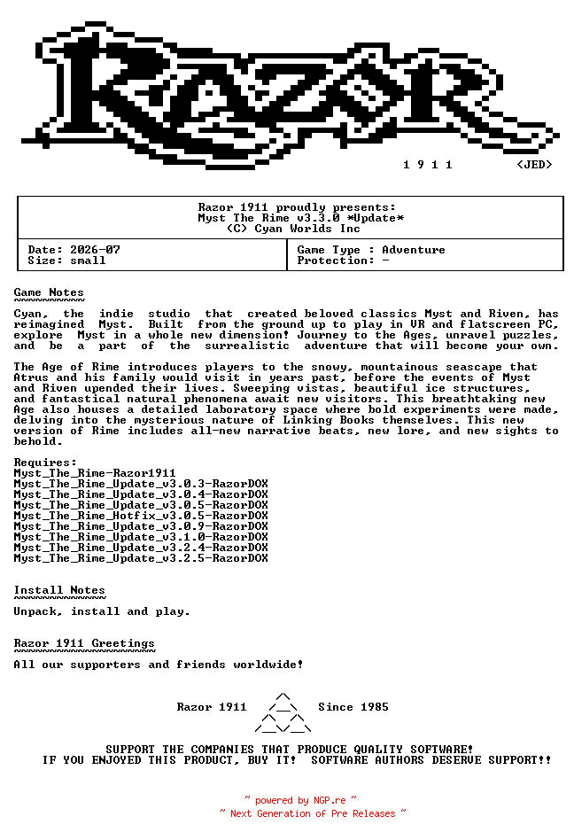 NFO for the release Myst_The_Rime_Update_v3.3.0-RazorDOX by RazorDOX