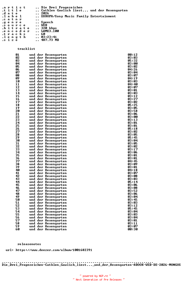 NFO for the release Die_Drei_Fragezeichen-Cathlen_Gawlich_liest..._und_der_Hexengarten-ABOOK-WEB-DE-2026-MONGOS by MONGOS
