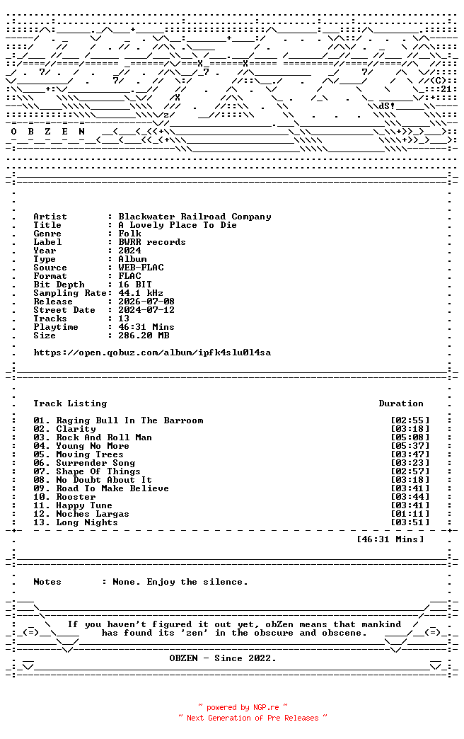 NFO for the release Blackwater_Railroad_Company-A_Lovely_Place_To_Die-16BIT-WEB-FLAC-2024-OBZEN by OBZEN