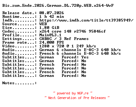 NFO for the release Bis.zum.Ende.2026.German.DL.720p.WEB.x264-WvF by WvF