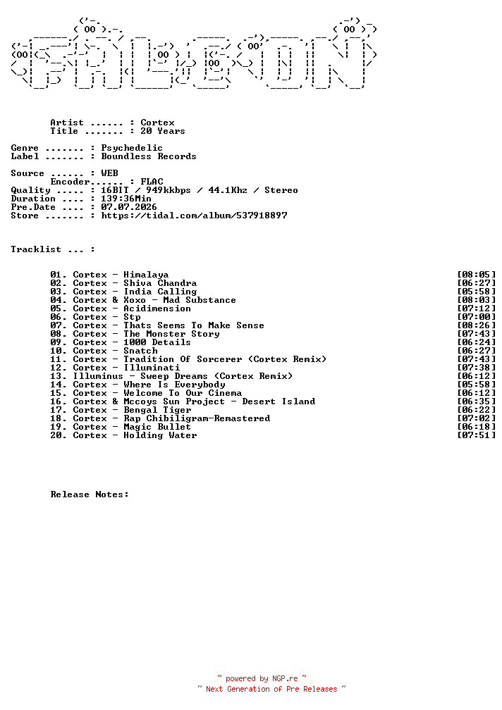 NFO for the release Cortex-20_Years-16BIT-WEB-FLAC-2026-FALCON by FALCON