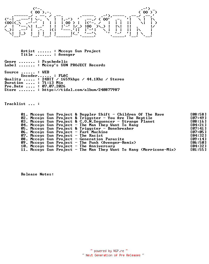 NFO for the release Mccoys_SUN_PROJECT-Avenger-24BIT-WEB-FLAC-2022-FALCON by FALCON
