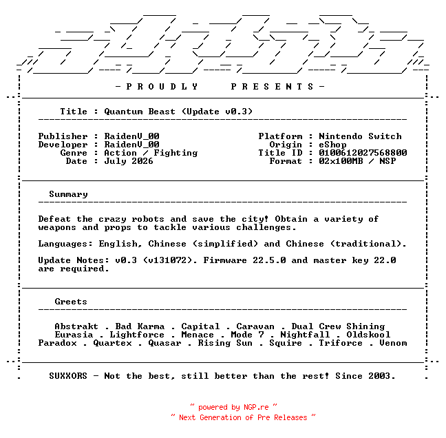 NFO for the release Quantum_Beast_Update_v0.3_NSW-SUXXORS by SUXXORS