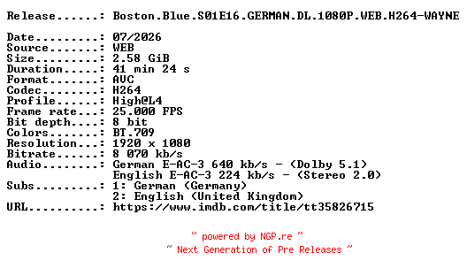 NFO for the release Boston.Blue.S01E16.GERMAN.DL.1080P.WEB.H264-WAYNE by WAYNE
