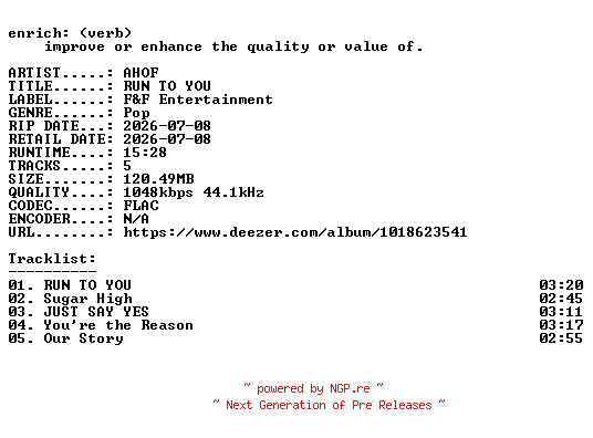 NFO for the release AHOF-RUN_TO_YOU-KR-EP-16BIT-WEB-FLAC-2026-ENRiCH by ENRiCH