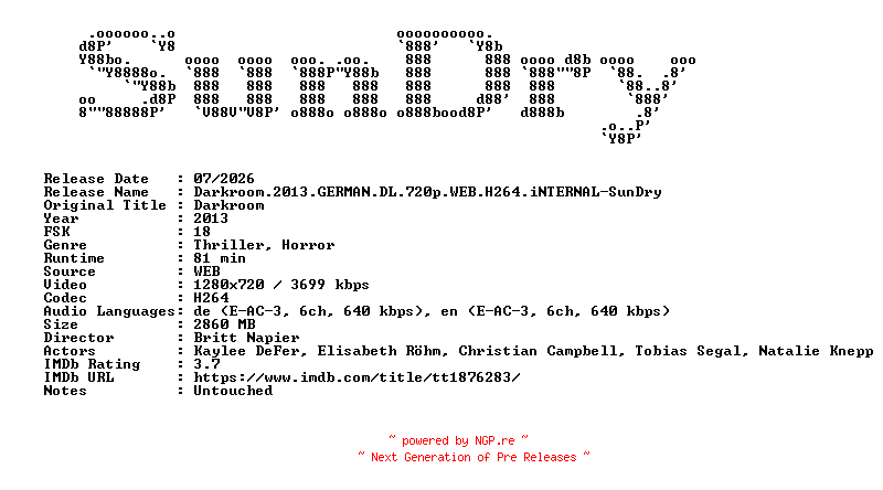 NFO for the release Darkroom.2013.GERMAN.DL.720p.WEB.H264.iNTERNAL-SunDry by SunDry