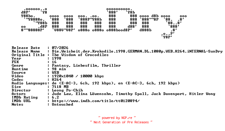 NFO for the release Die.Weisheit.der.Krokodile.1998.GERMAN.DL.1080p.WEB.H264.iNTERNAL-SunDry by SunDry