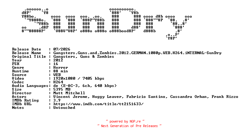 NFO for the release Gangsters.Guns.and.Zombies.2012.GERMAN.1080p.WEB.H264.iNTERNAL-SunDry by SunDry