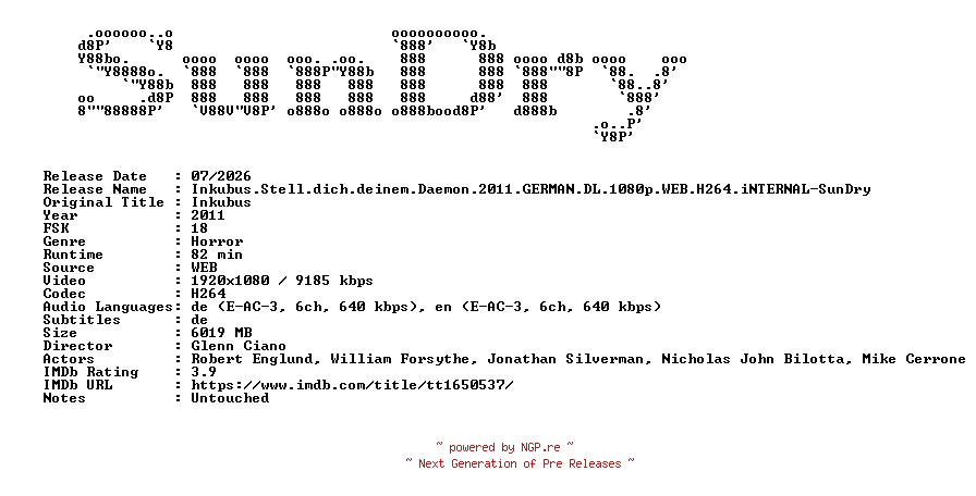 NFO for the release Inkubus.Stell.dich.deinem.Daemon.2011.GERMAN.DL.1080p.WEB.H264.iNTERNAL-SunDry by SunDry