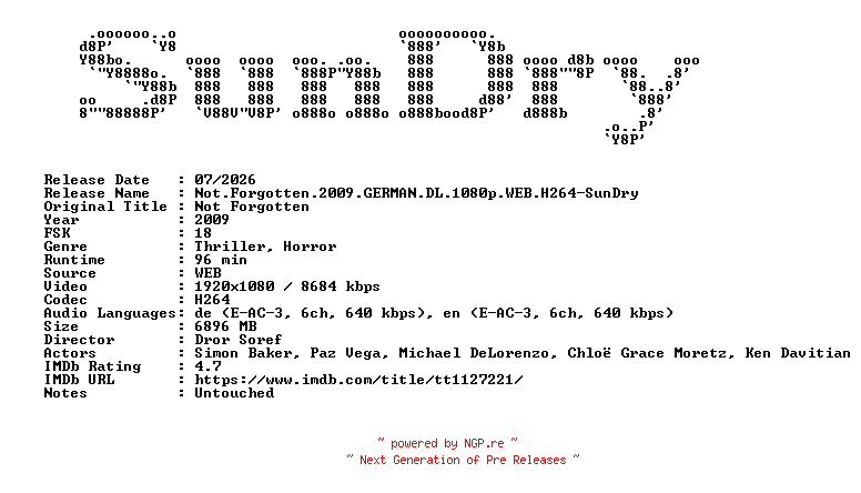NFO for the release Not.Forgotten.2009.GERMAN.DL.1080p.WEB.H264-SunDry by SunDry