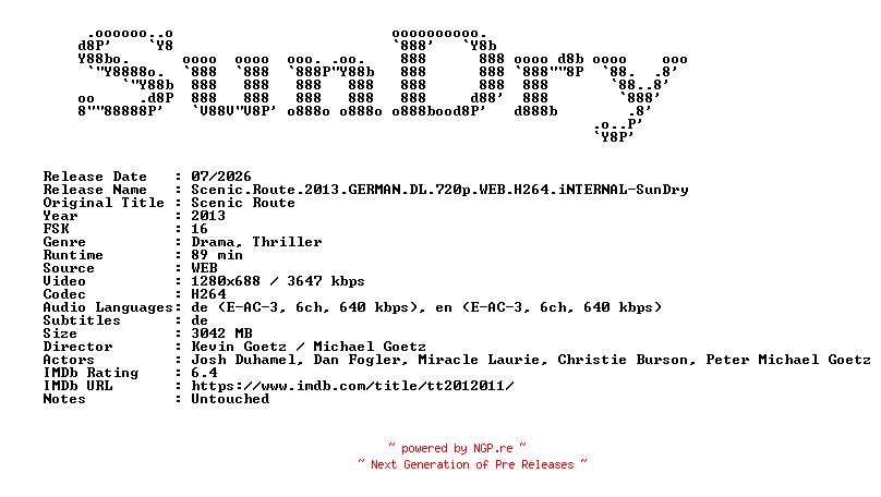 NFO for the release Scenic.Route.2013.GERMAN.DL.720p.WEB.H264.iNTERNAL-SunDry by SunDry