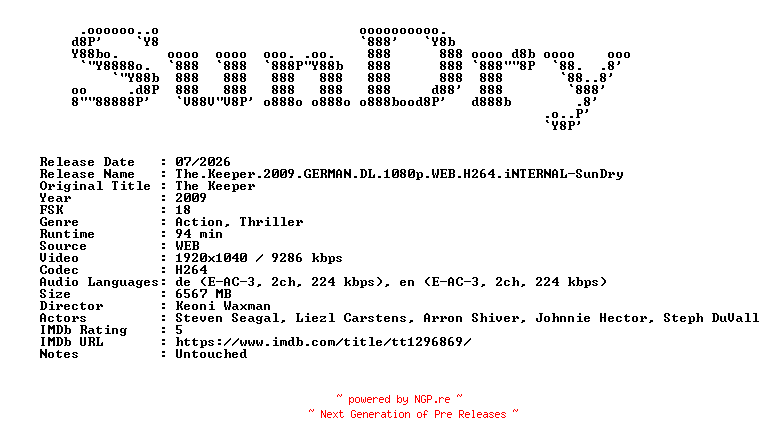 NFO for the release The.Keeper.2009.GERMAN.DL.1080p.WEB.H264.iNTERNAL-SunDry by SunDry