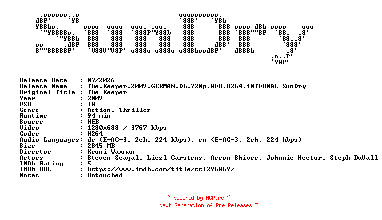 NFO for the release The.Keeper.2009.GERMAN.DL.720p.WEB.H264.iNTERNAL-SunDry by SunDry