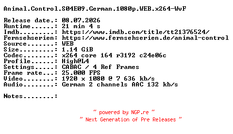 NFO for the release Animal.Control.S04E09.German.1080p.WEB.x264-WvF by WvF