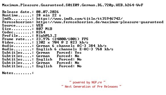 NFO for the release Maximum.Pleasure.Guaranteed.S01E09.German.DL.720p.WEB.h264-WvF by WvF
