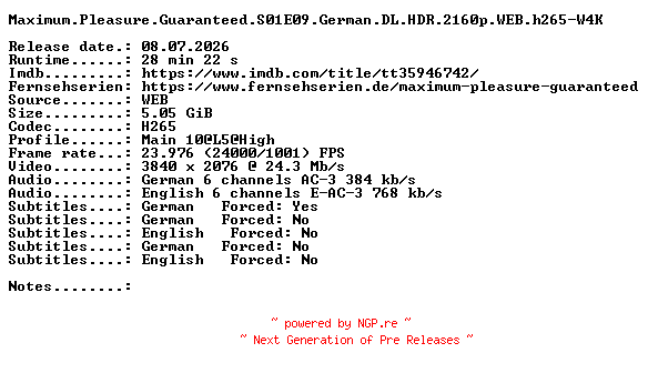 NFO for the release Maximum.Pleasure.Guaranteed.S01E09.German.DL.HDR.2160p.WEB.h265-W4K by W4K