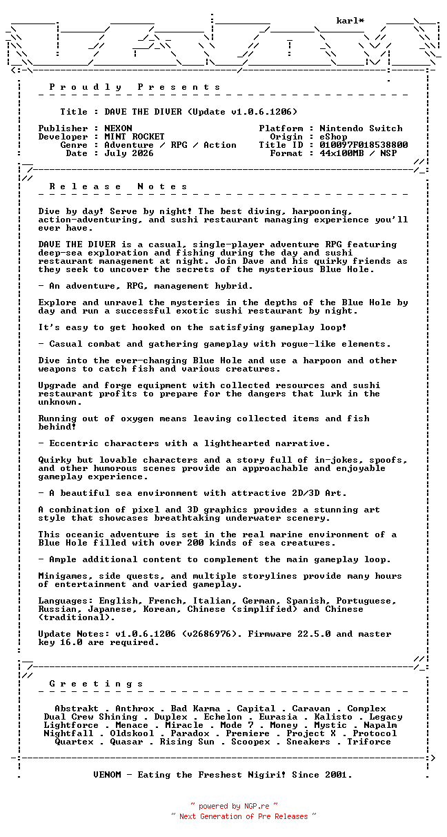 NFO for the release DAVE_THE_DIVER_Update_v1.0.6.1206_NSW-VENOM by VENOM