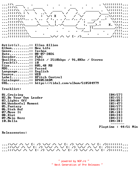 NFO for the release Ellen_Allien-New_Life-BPX053ADM-24BIT-WEB-FLAC-2026-WAVED by WAVED