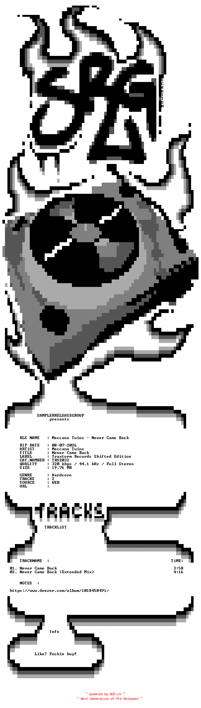 NFO for the release Meccano_Twins_-_Never_Came_Back-(TRSE032)-WEB-2026-SRG by SRG