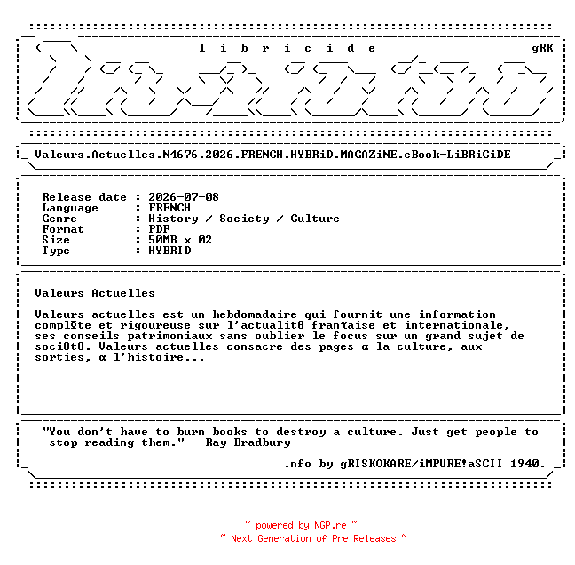 NFO for the release Valeurs.Actuelles.N4676.2026.FRENCH.HYBRiD.MAGAZiNE.eBook-LiBRiCiDE by LiBRiCiDE
