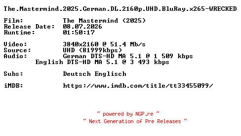 NFO for the release The.Mastermind.2025.German.DL.2160p.UHD.BluRay.x265-WRECKED by WRECKED