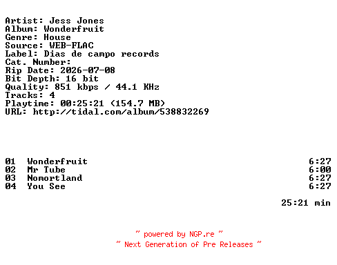 NFO for the release Jess_Jones-Wonderfruit-EP-16BIT-WEB-FLAC-2026-HFC by HFC