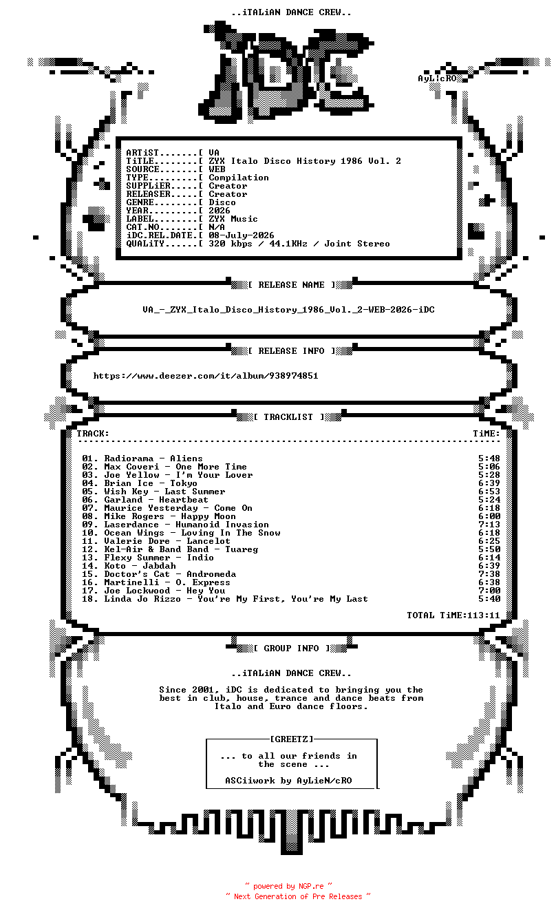 NFO for the release VA_-_ZYX_Italo_Disco_History_1986_Vol._2-WEB-2026-iDC by iDC