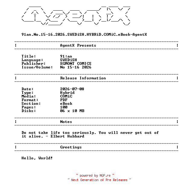 NFO for the release 91an.No.15-16.2026.SWEDiSH.HYBRiD.COMiC.eBook-AgentX by AgentX