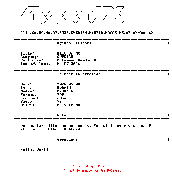 NFO for the release Allt.Om.MC.No.07.2026.SWEDiSH.HYBRiD.MAGAZiNE.eBook-AgentX by AgentX