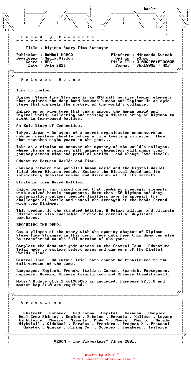 NFO for the release Digimon_Story_Time_Stranger_NSW-VENOM by VENOM